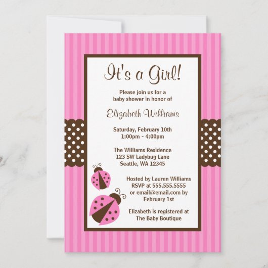 Rosa und Brown-Marienkäfer-gestreifte Einladung (Vorderseite)