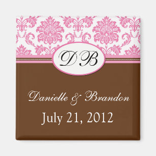 Rosa und Brown-Monogramm-Damast-Hochzeits-Magnet Magnet