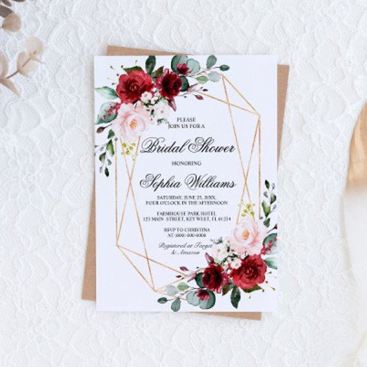 Rosa und Burgund-Rose-Brautparty Einladung
