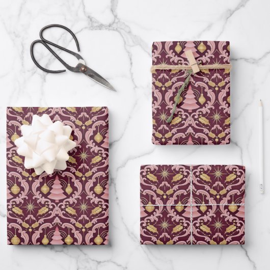 Rosa und Burgunder Barock-Weihnachtsmuster Geschenkpapier Set (Vorderseite)