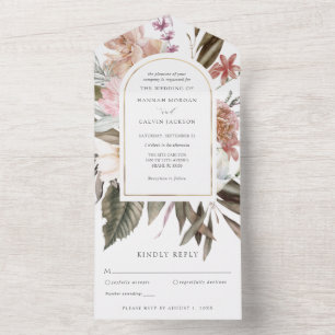 Rosa- und Burgunder-Wasserfarben-Boho-Rosen-Hochze All In One Einladung