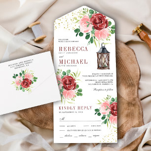 Rosa und Burgunderrote Florale Laternen-Hochzeit All In One Einladung