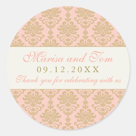 Rosa und Champagner Damask Wedding Monogram Runder Aufkleber (Vorderseite)