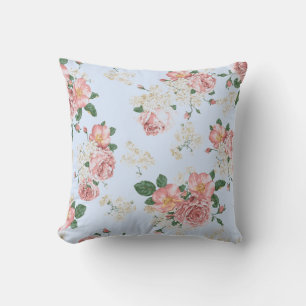 Rosa und Creme auf Vintag blauer Blüte Kissen
