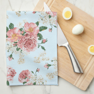 Rosa und Creme Vintage Blumen auf Blau Geschirrtuch
