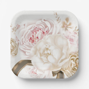 Rosa und cremefarbene Rosen-Pfingstrosen-Hochzeit Pappteller