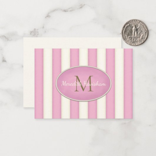 rosa und cremefarbene Streifen Bronze Monogramm ku Mitteilungskarte (Vorderseite/Rückseite Beispiel)
