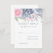 Rosa und dunkelblaue Blumen Hochzeit RSVP (Vorne/Hinten)