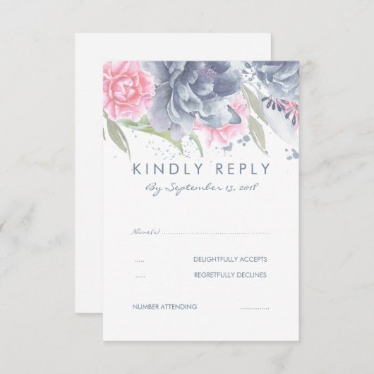 Rosa und dunkelblaue Blumen Hochzeit RSVP (Vorne/Hinten)