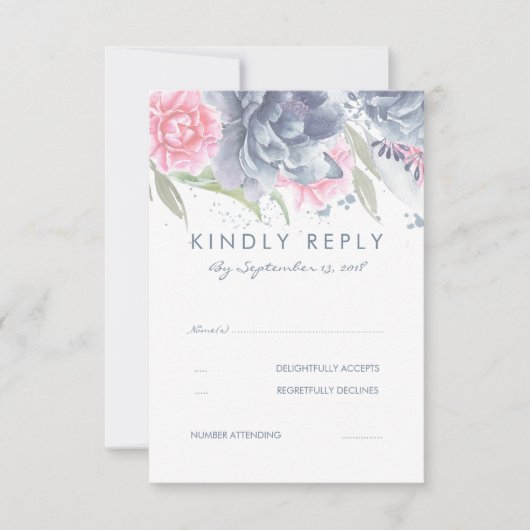 Rosa und dunkelblaue Blumen Hochzeit RSVP Karte (Vorderseite)