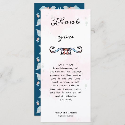 Rosa und dunkelblaue Blütengedicht Danke, Karte (Vorne/Hinten)