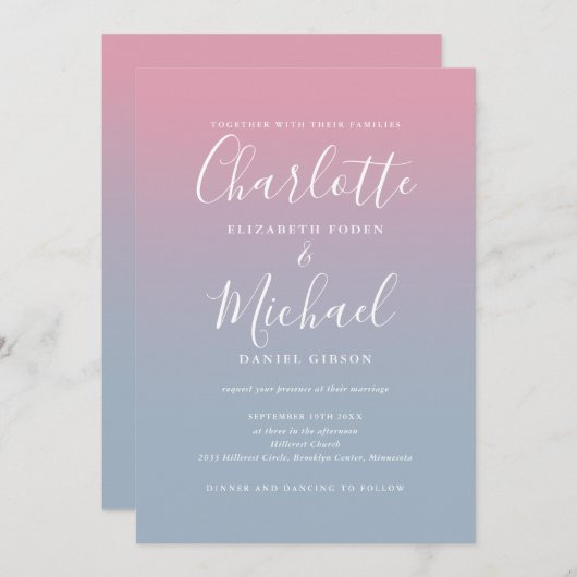 Rosa und dunkelblaue Ombre - alles in einer Hochze Einladung (Vorne/Hinten)