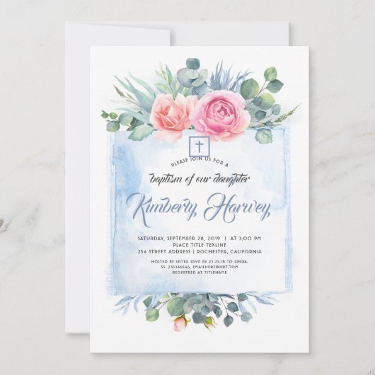 Rosa und dutzige blaue Blume Elegante Taufe Einladung (Vorderseite)