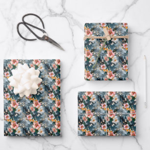 Rosa und Elfenbein-Blume auf Marmor Geschenkpapier Set