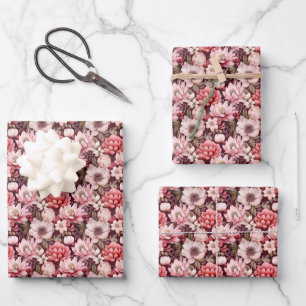 Rosa und Elfenbein gemusterte Blüten Geschenkpapier Set