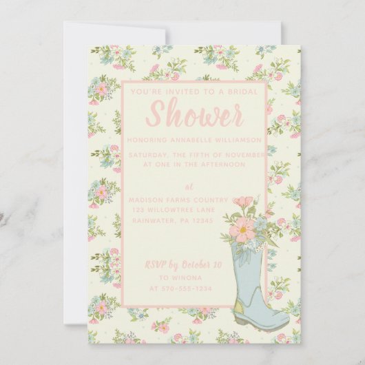 Rosa und Elfenbein-Rain-Boot-Polterabend Einladung (Vorderseite)