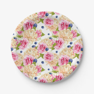 Rosa- und Elfenbein-Rosen- und Blaubeer-Blumenmust Pappteller
