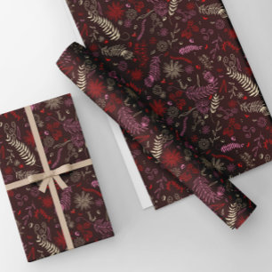 Rosa und elfenbeinfarbene Blumen-Doodles in Weinro Geschenkpapier Set