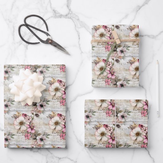 Rosa und Elfenbeinflora mit texturiertem Hintergru Geschenkpapier Set (Vorderseite)