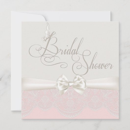 Rosa und Elfenbeinschmetterlinge und Spitzen-Braut Einladung (Vorderseite)