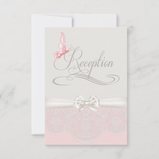 Rosa und Elfenbeinschmetterlinge und Spitzen-Empfa Einladung (Vorderseite)