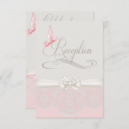 Rosa und Elfenbeinschmetterlinge und Spitzen-Empfa Einladung (Vorne/Hinten)