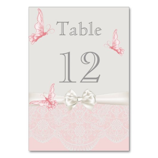 Rosa und Elfenbeinschmetterlinge und Spitzentafelk Tischnummer (Rückseite)