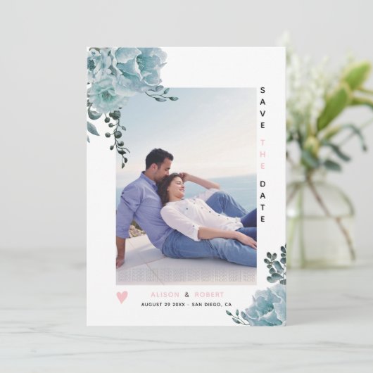 Rosa und Foto blauen Blume Save The Date (Stehend Vorderseite)
