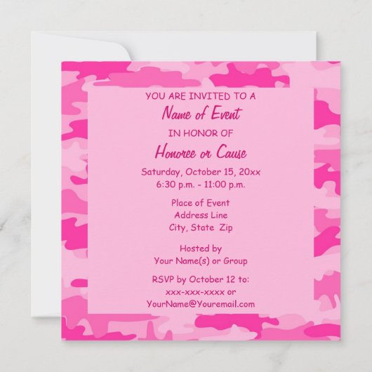 Rosa und Fuchsia Camouflage Camouflage Party Event Einladung (Rückseite)