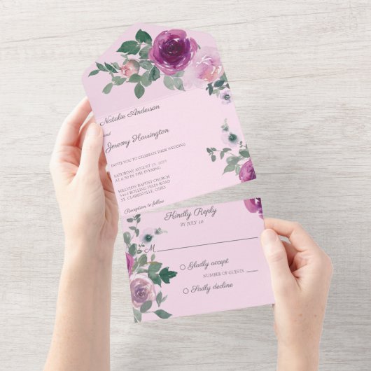 Rosa und Fuchsien-Rose in Rosa All In One Einladung (Abreißen)