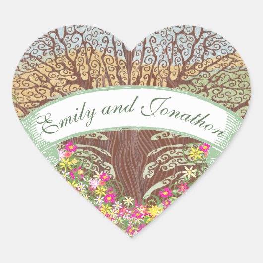 Rosa und gelb bläserbraune Eichenbäume Hochzeitsst Herz-Aufkleber (Vorderseite)