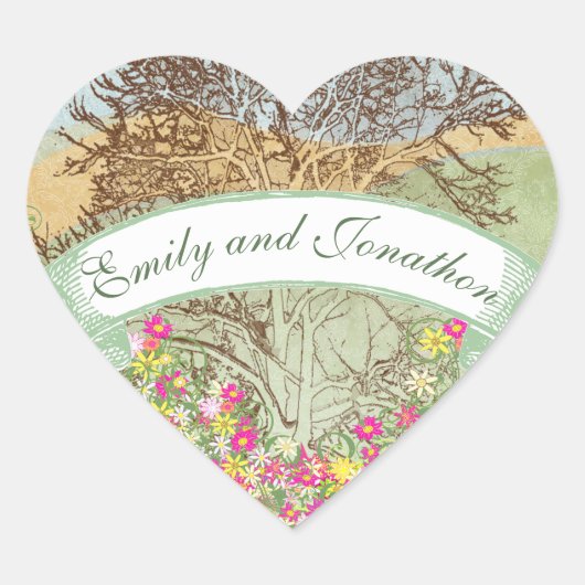 Rosa und gelb bläserbraune Eichenbäume Hochzeitsst Herz-Aufkleber (Vorderseite)