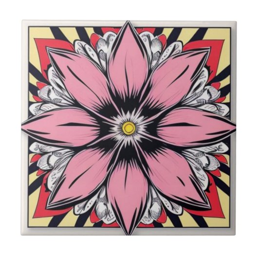 Rosa und gelb Comic Blume Keramik Tile Fliese (Vorderseite)