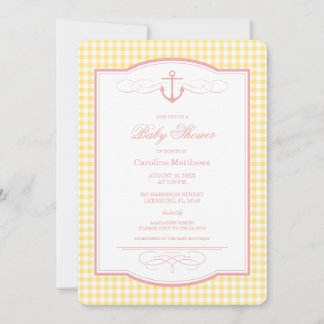 Rosa und gelb kariertes preppy Strand-Baby-Shower Einladung