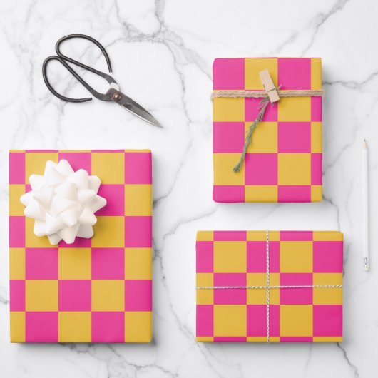 Rosa und Gelb Karo Geschenkpapier Set (Vorderseite)