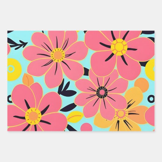 Rosa- und Gelbblüten auf Sky Blue - Dopamin Style Geschenkpapier Set (Vorderseite 3)