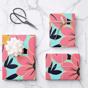 Rosa- und Gelbblüten auf Sky Blue - Dopamin Style Geschenkpapier Set