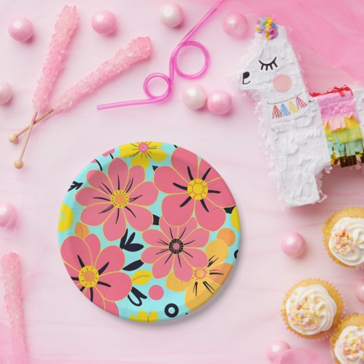 Rosa- und Gelbblüten auf Sky Blue - Dopamin Style Pappteller (Party)