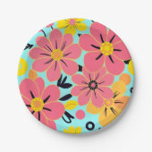 Rosa- und Gelbblüten auf Sky Blue - Dopamin Style Pappteller (Vorderseite)