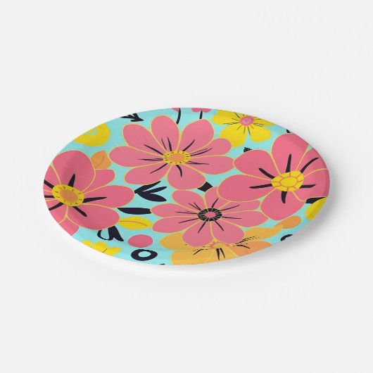 Rosa- und Gelbblüten auf Sky Blue - Dopamin Style Pappteller (Schrägansicht)