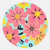 Rosa- und Gelbblüten auf Sky Blue - Dopamin Style Runder Aufkleber (Vorderseite)