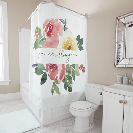 Rosa und gelbe Aquarellblumen personalisiert Duschvorhang (Beispiel)