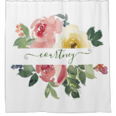 Rosa und gelbe Aquarellblumen personalisiert Duschvorhang (Vorderseite)