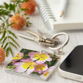 Rosa und gelbe Blumen Akryllischer Schlüsselring (Vorderseite rechts)