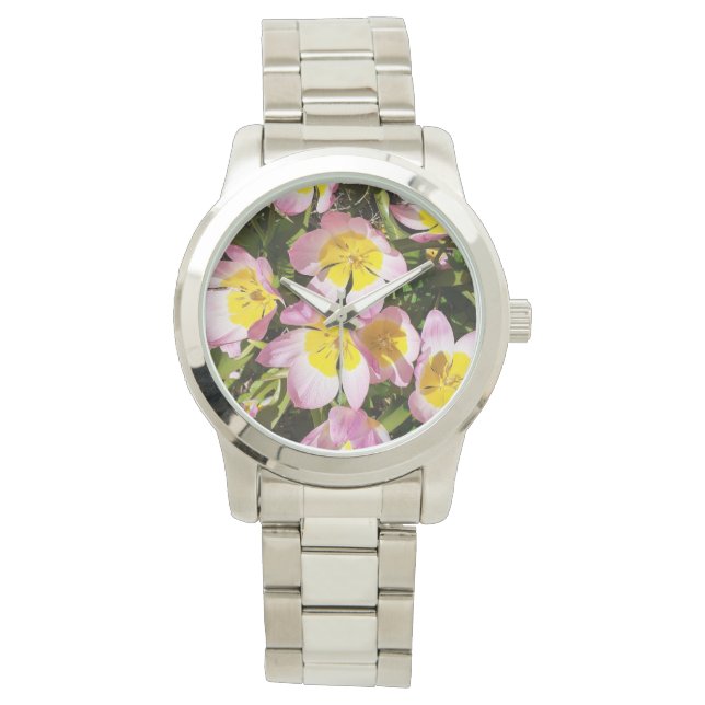 Rosa und gelbe Blumen Armbanduhr (Vorderseite)