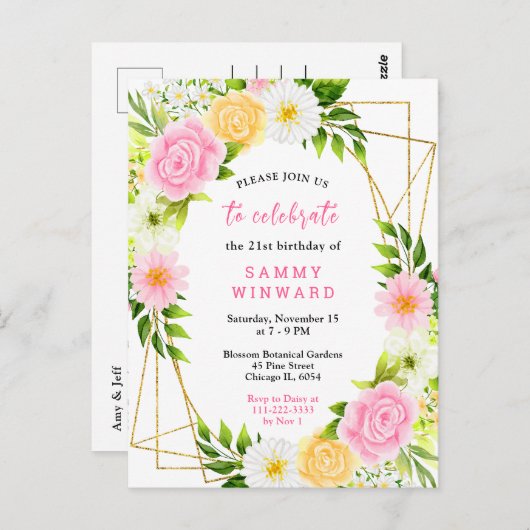 Rosa und gelbe Blumen Geburtstagsparty Postkarte (Vorne/Hinten)