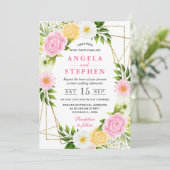 Rosa und gelbe Blumen Goldrahmen Hochzeit Einladung (Stehend Vorderseite)