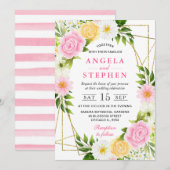 Rosa und gelbe Blumen Goldrahmen Hochzeit Einladung (Vorne/Hinten)