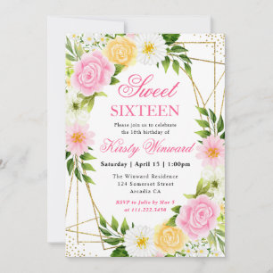 Rosa und gelbe Blumen Goldrahmen Sweet 16 Einladung