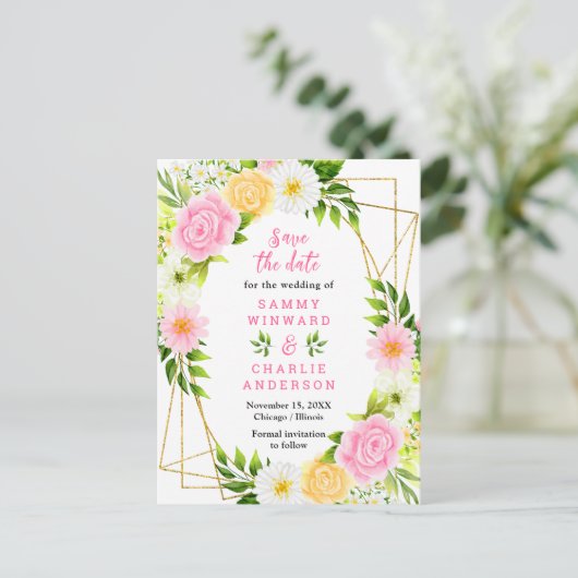 Rosa und gelbe Blumen heiraten das Datum Postkarte (Stehend Vorderseite)